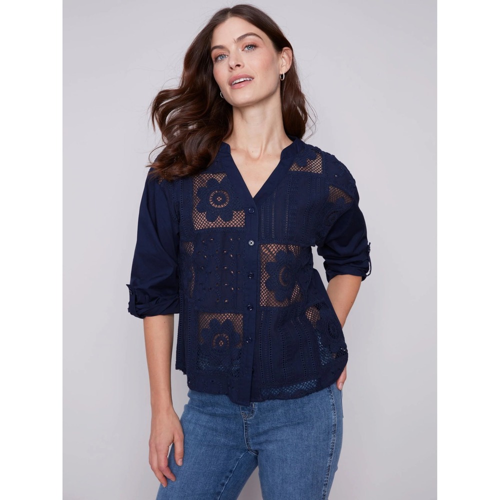 Charlie B Button Front Blouse Womens XL Navy Blue Eyelet Roll Sleeve Boho C4519